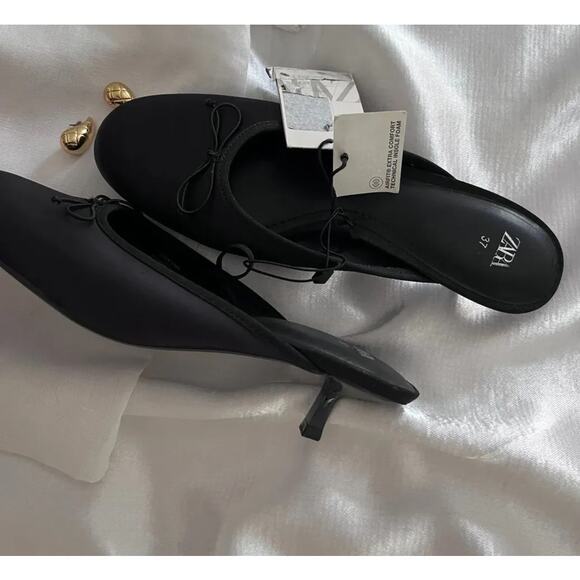 ZARA Embellished Bow Detail Mules NWT – Black Satin Heeled Slides, Sz 7.5 - Picture 13 of 16
